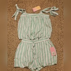 Stoney Clover Lane Green and White Striped Women Shorts And Top Matching Set